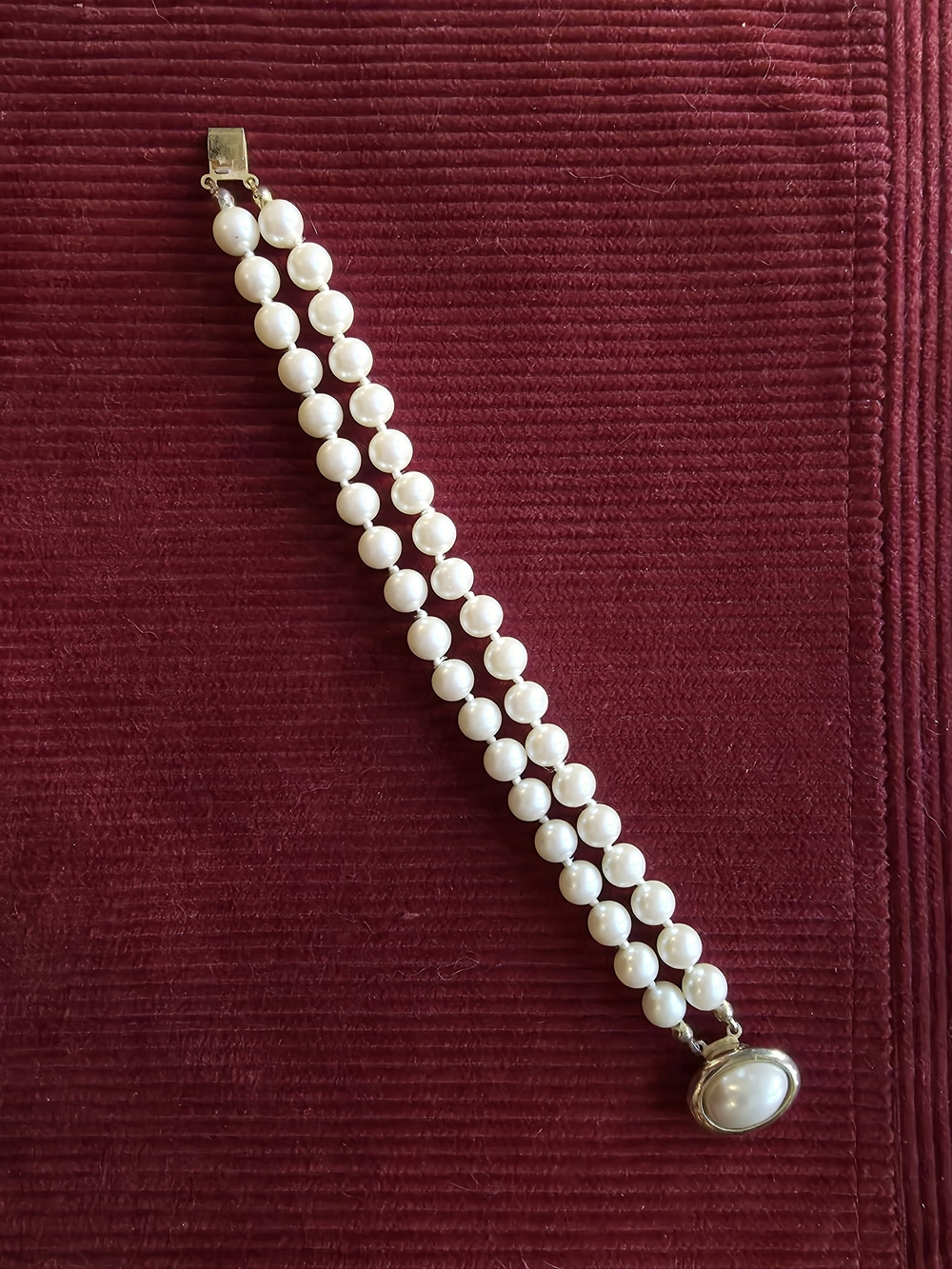 Classic Double-Strand White Faux Glass Pearl Bracelet with Gold Clasp